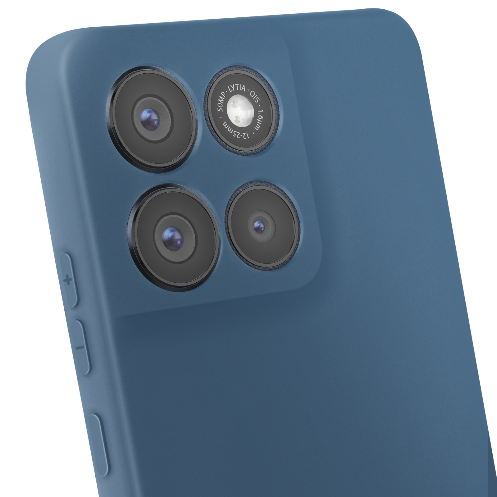 Arrière d'un smartphone bleu avec trois caméras et des boutons de volume.