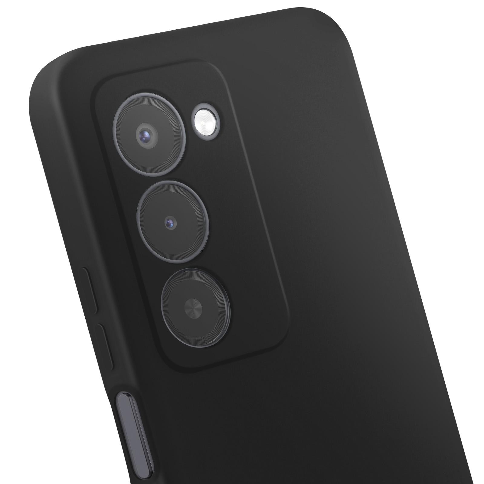 Smartphone noir avec triple appareil photo et flash, montré en détail.