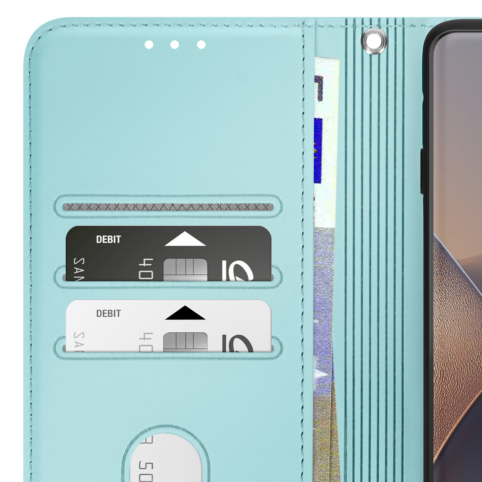 Custodia per telefono azzurra con fessure per carte, soldi e telefono.