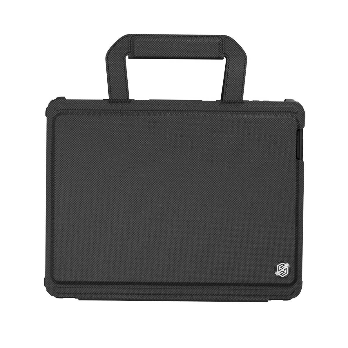 Custodia nera per tablet con manico e motivo testurizzato.