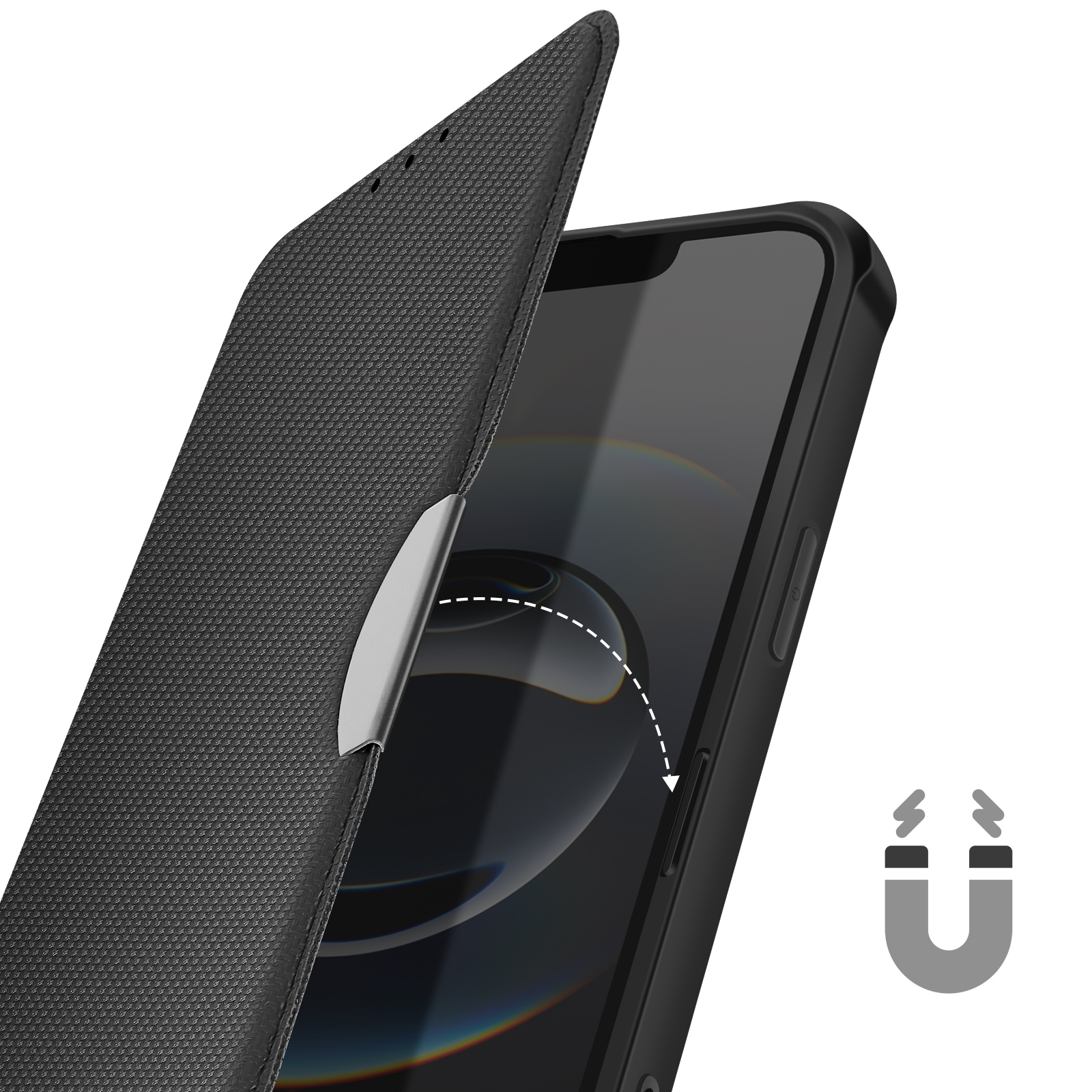 Telefono nero con cover magnetica aperta e icona magnete.