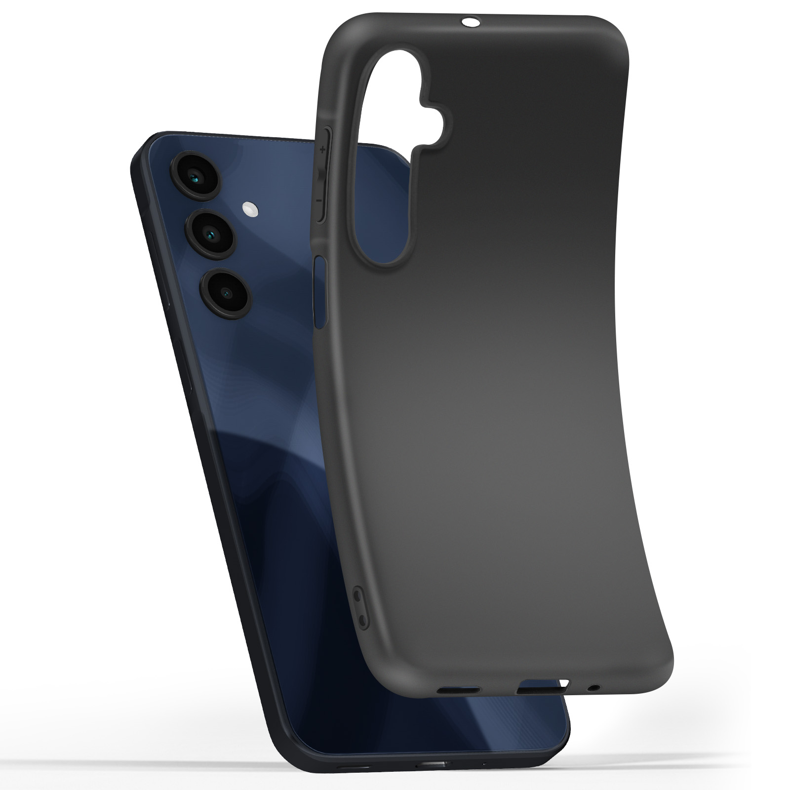 Una custodia nera per telefono giace accanto a uno smartphone blu.