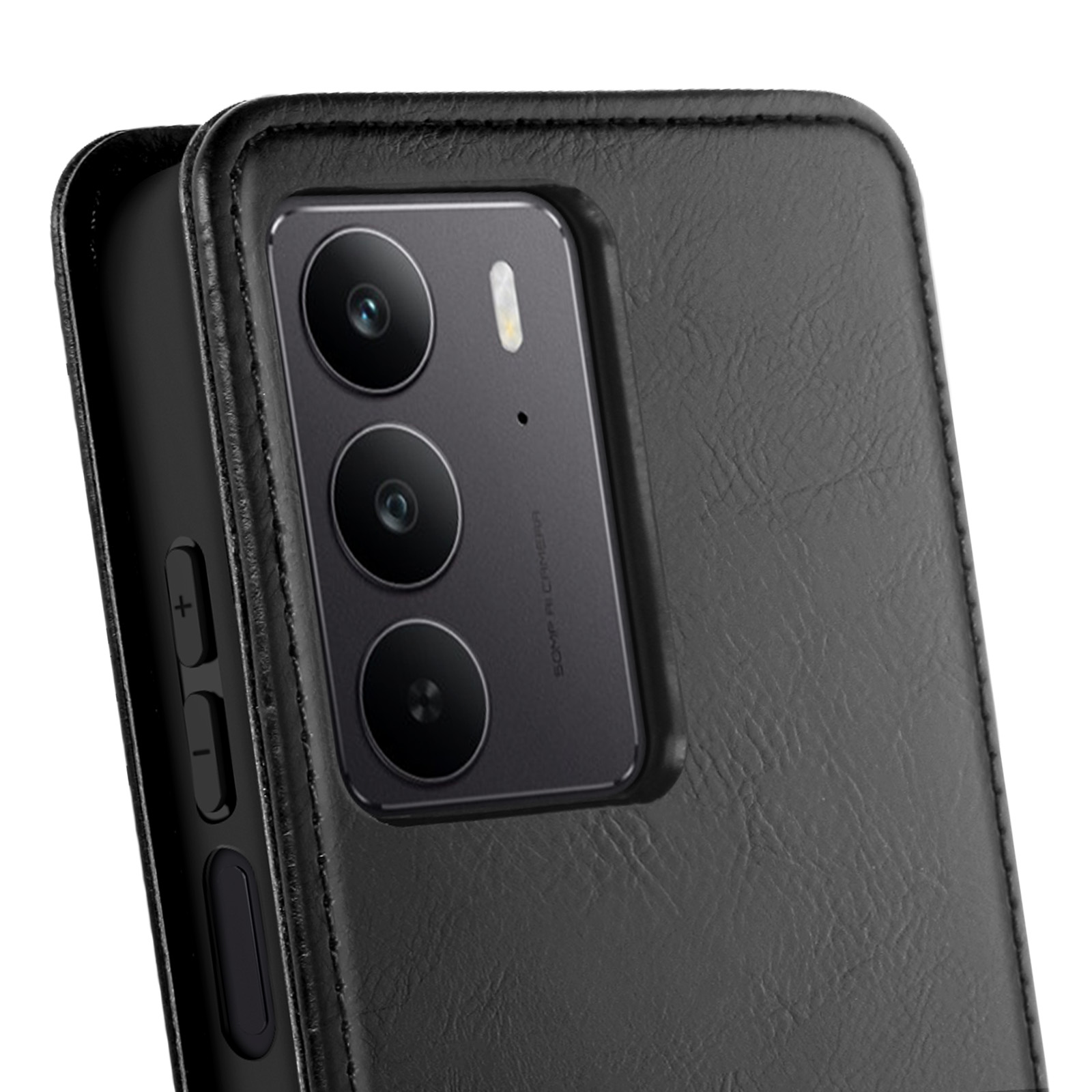 Smartphone nero in custodia di pelle, primo piano di fotocamera e pulsanti.