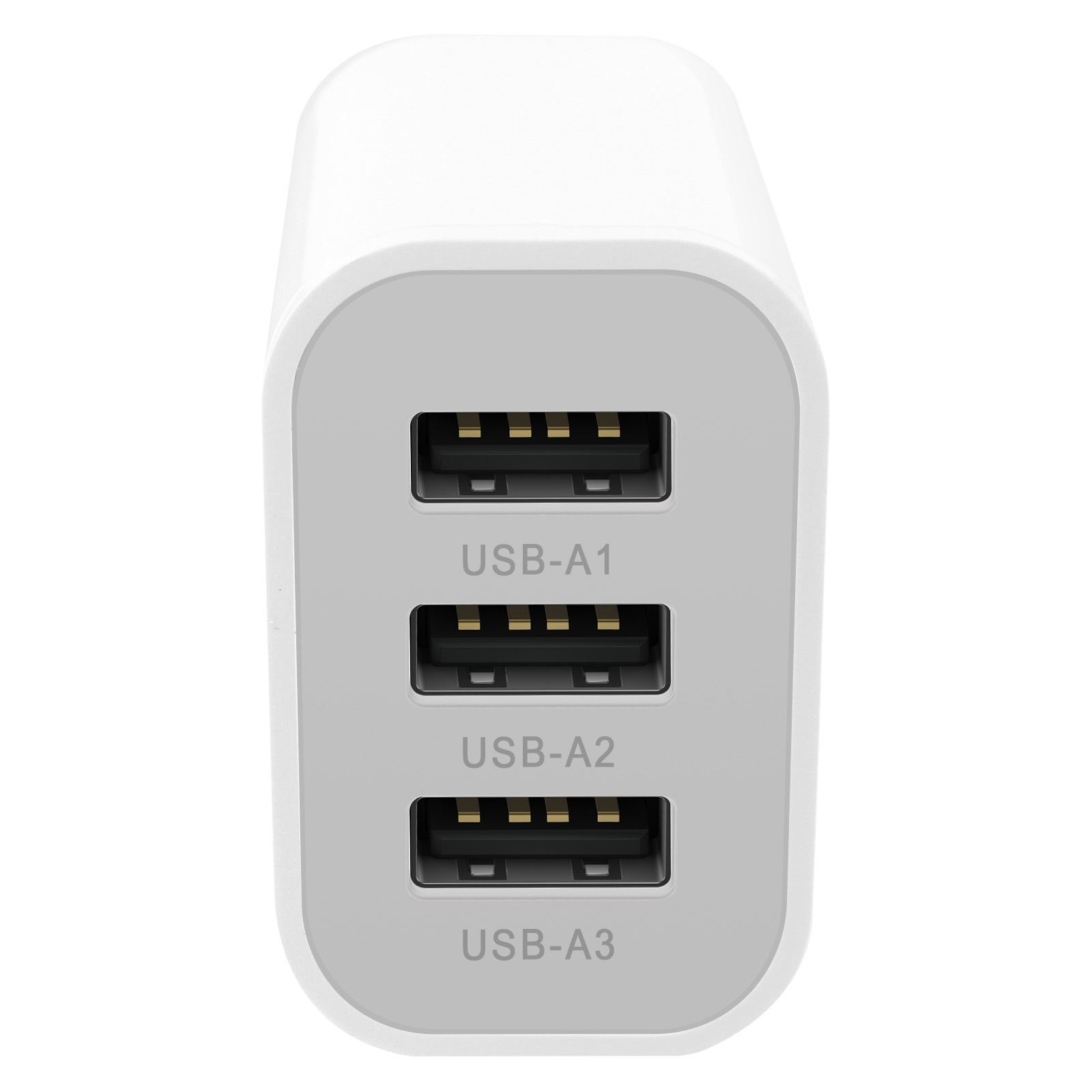 Un caricabatterie USB bianco con tre porte: USB-A1, USB-A2, USB-A3.