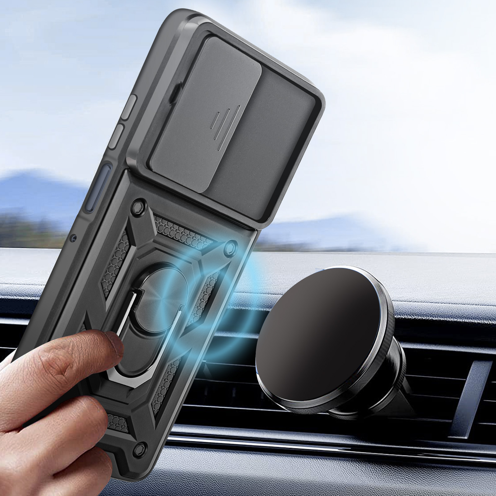 Custodia nera per telefono con anello e supporto magnetico per auto.