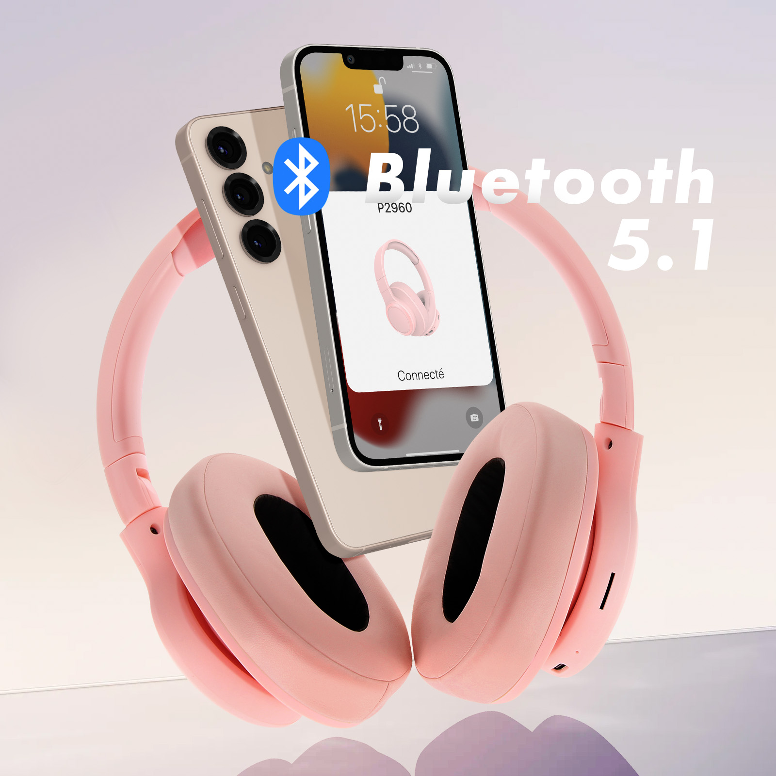 Ein rosa Kopfhörer mit Bluetooth 5.1 wird mit einem Smartphone verbunden.