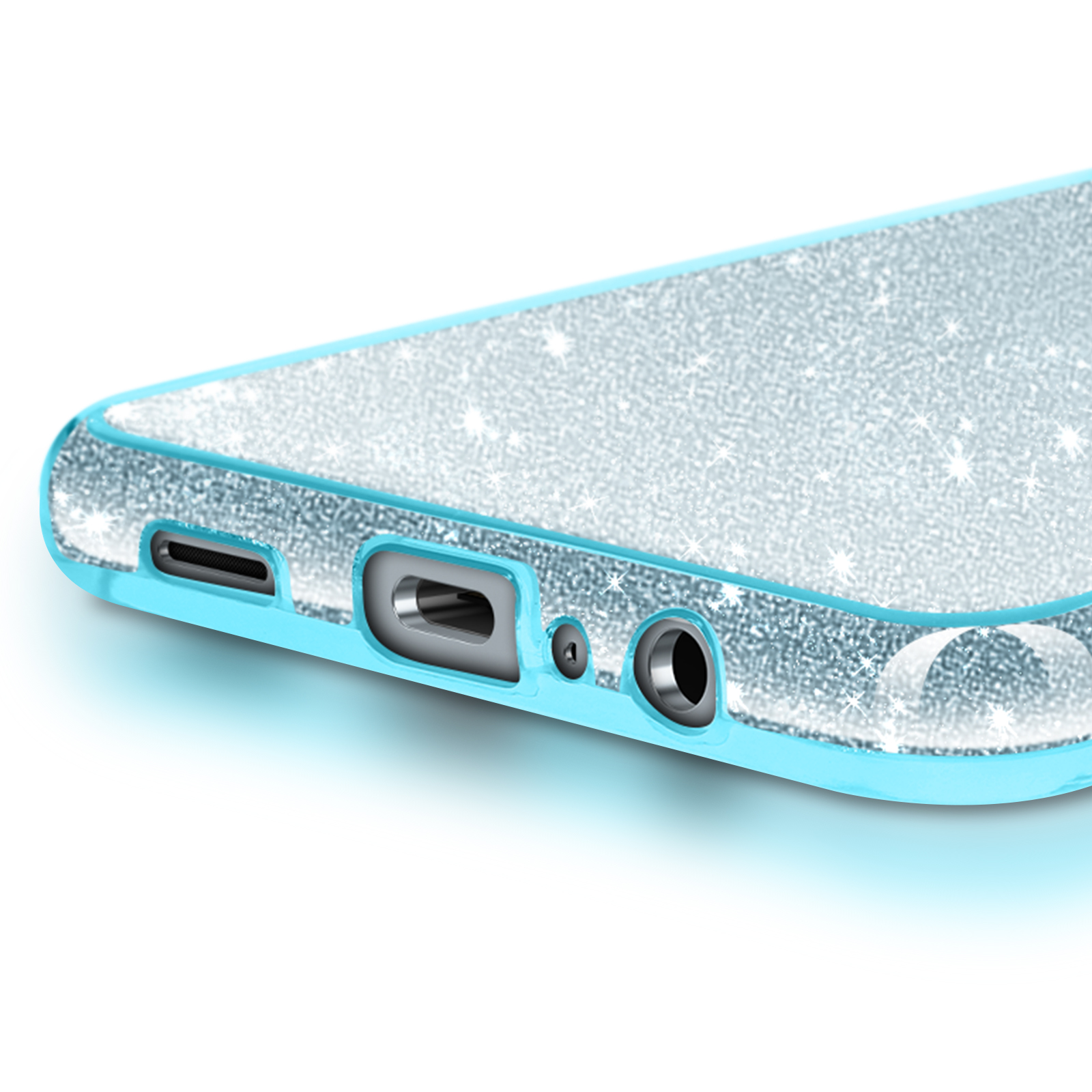 Custodia chiara per telefono con glitter e bordi blu.