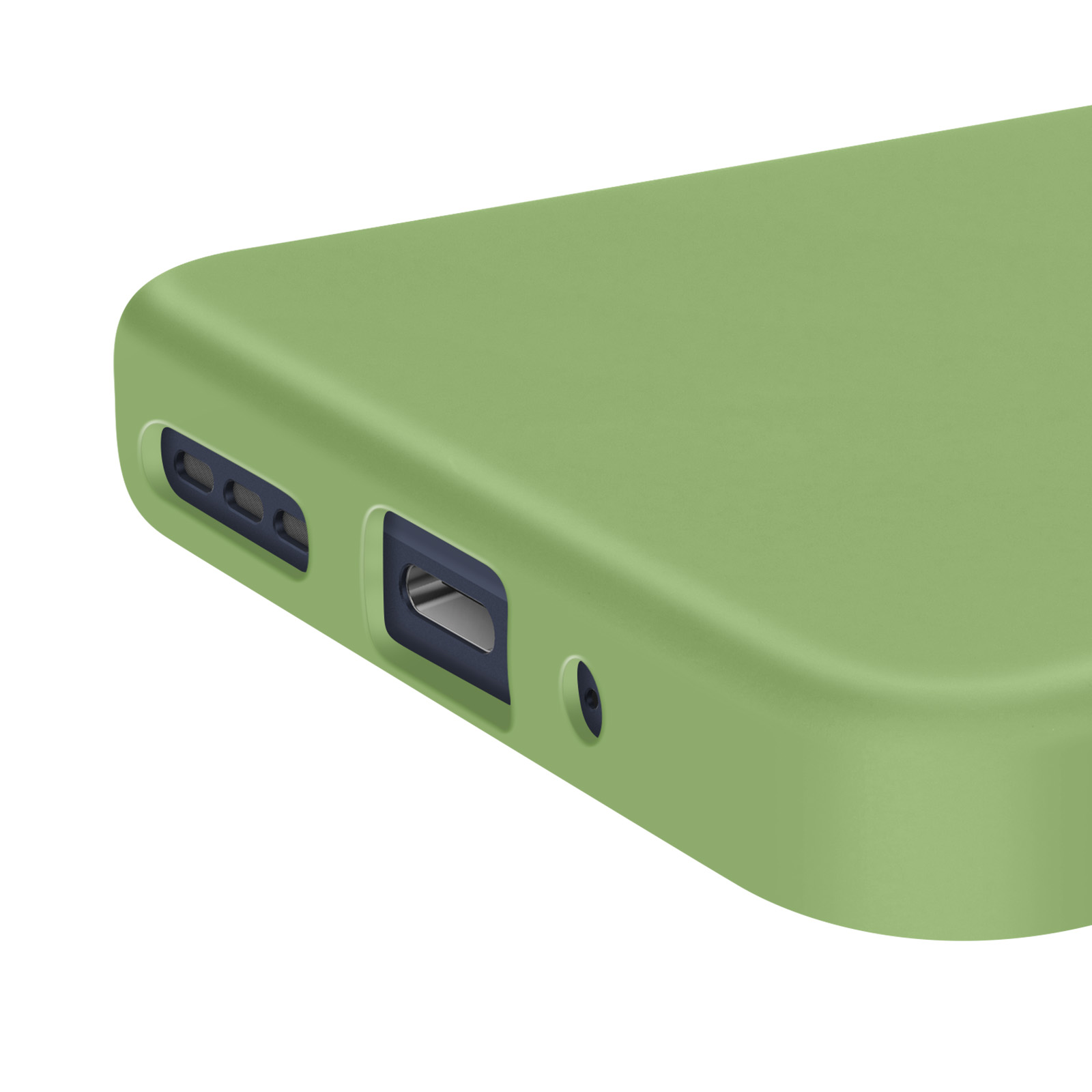 Coque de téléphone vert clair avec découpes pour ports et haut-parleurs.