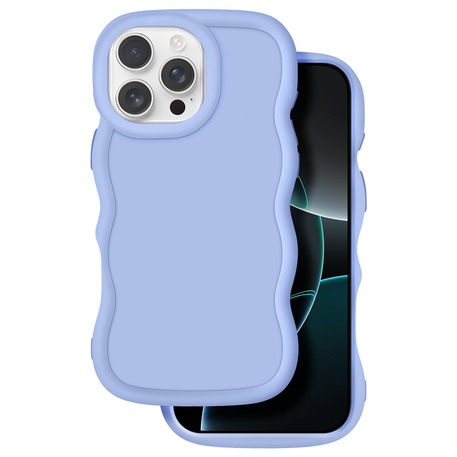 Un telefono viola chiaro con design ondulato, coperto da una custodia abbinata.