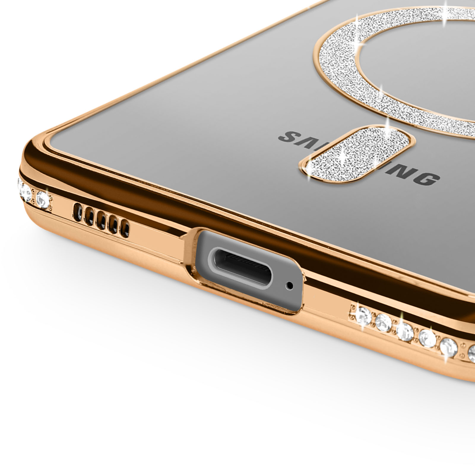 Una custodia dorata per telefono con strass e logo Samsung.