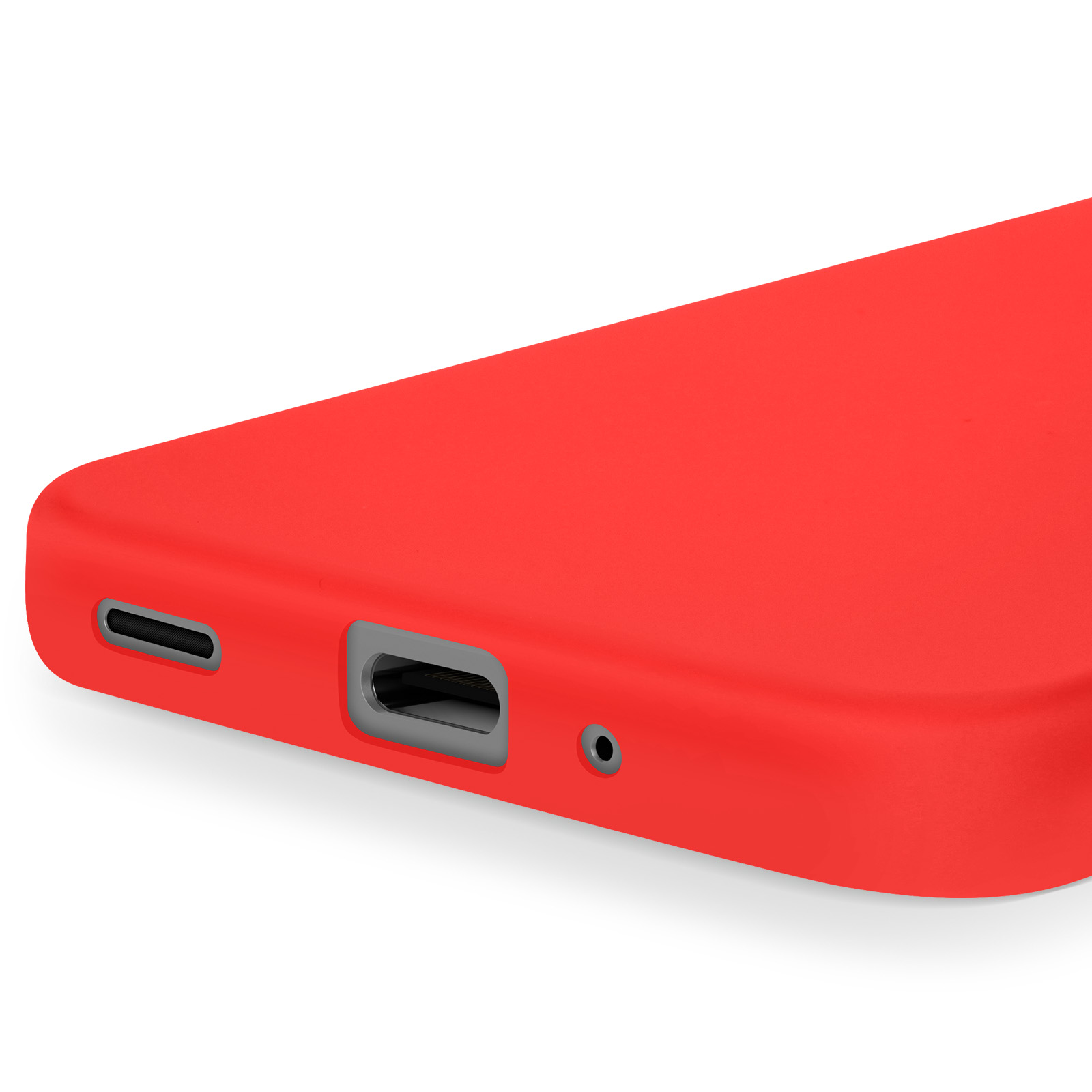 Custodia rossa per telefono con porta di ricarica e apertura altoparlante.