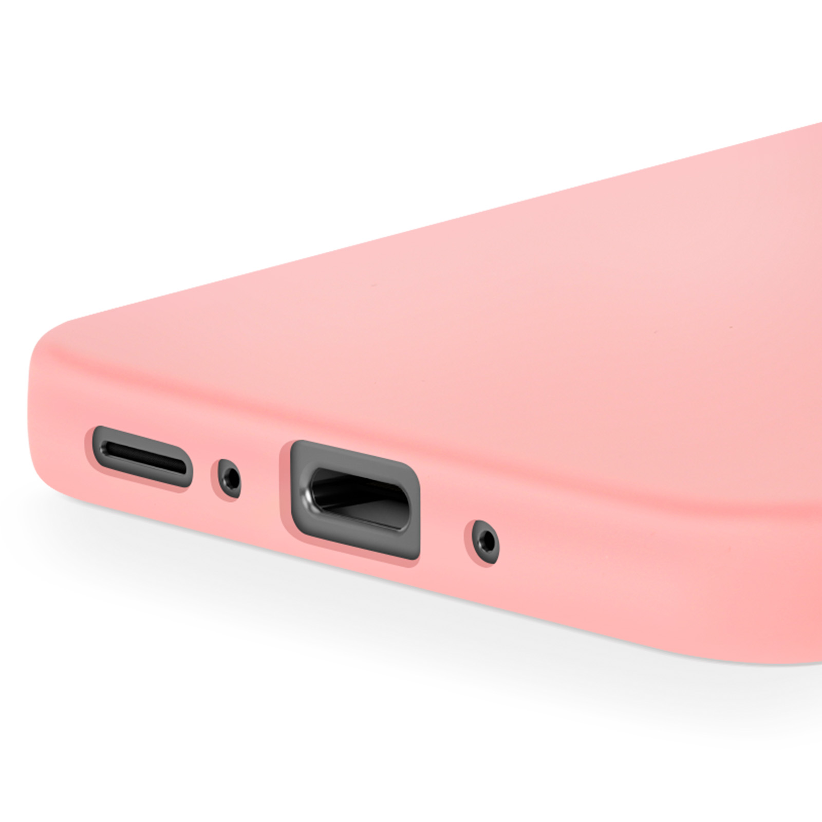Close-up van een roze telefoonhoes met poorten en luidspoolgaten.