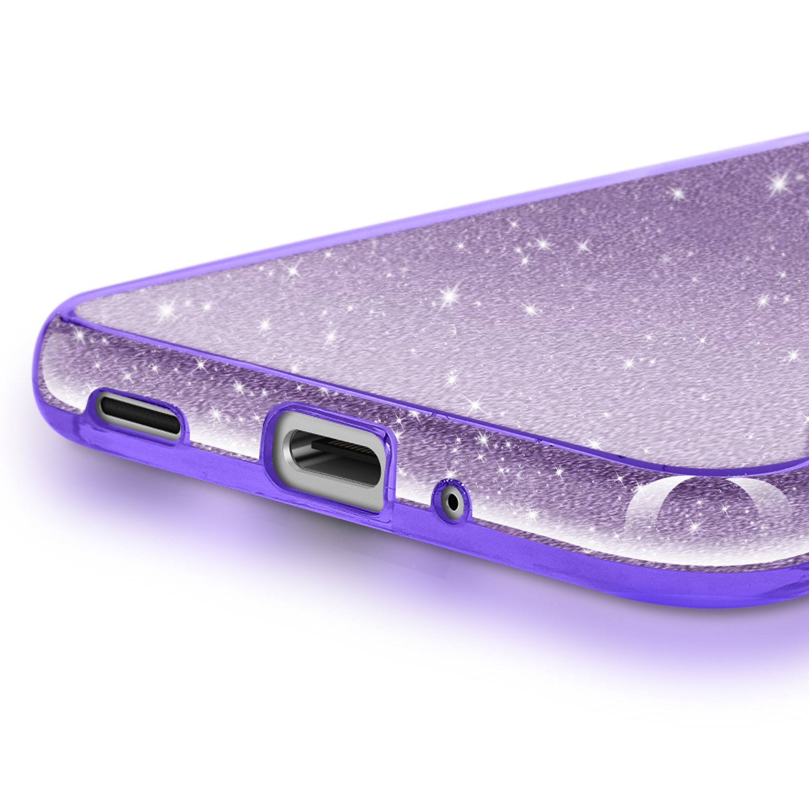 Custodia viola per telefono con motivo a stelle glitter e porte sul fondo.