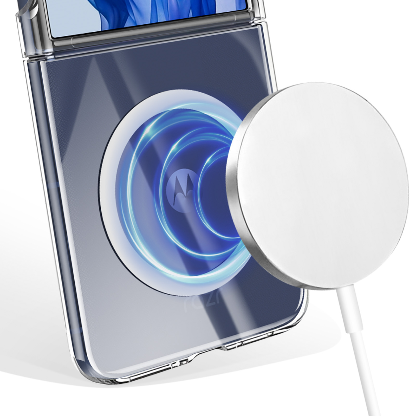 Un câble de chargement blanc se connecte à un chargeur rond blanc fixé à un smartphone transparent.