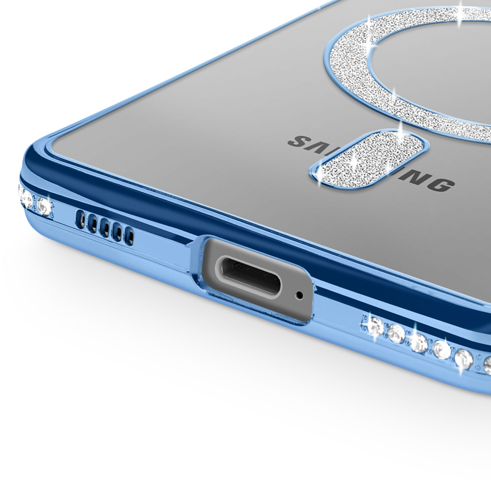 Custodia blu per telefono con cristalli, porta USB-C e aperture altoparlanti.