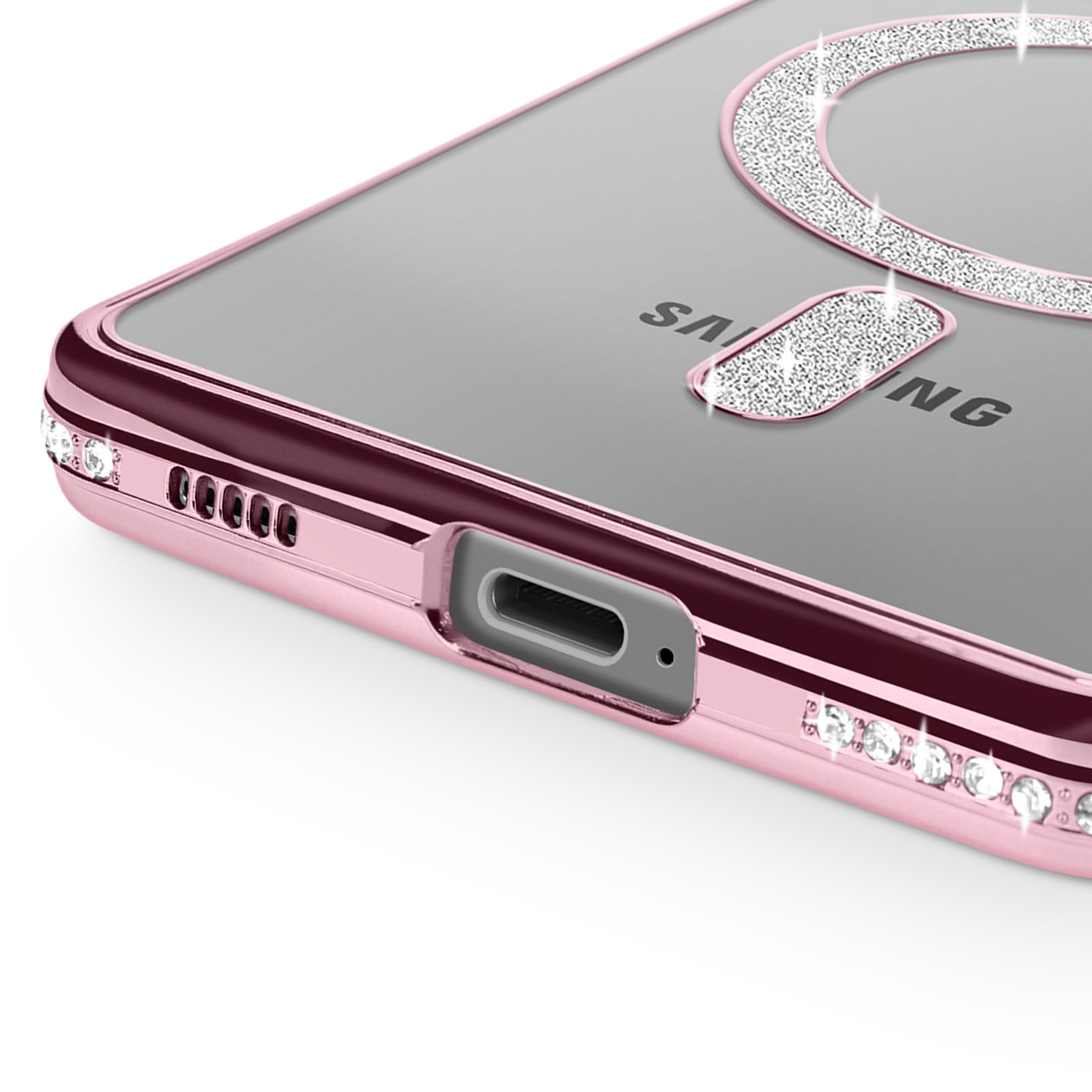 Cover oro rosa con strass e logo Samsung, primo piano.