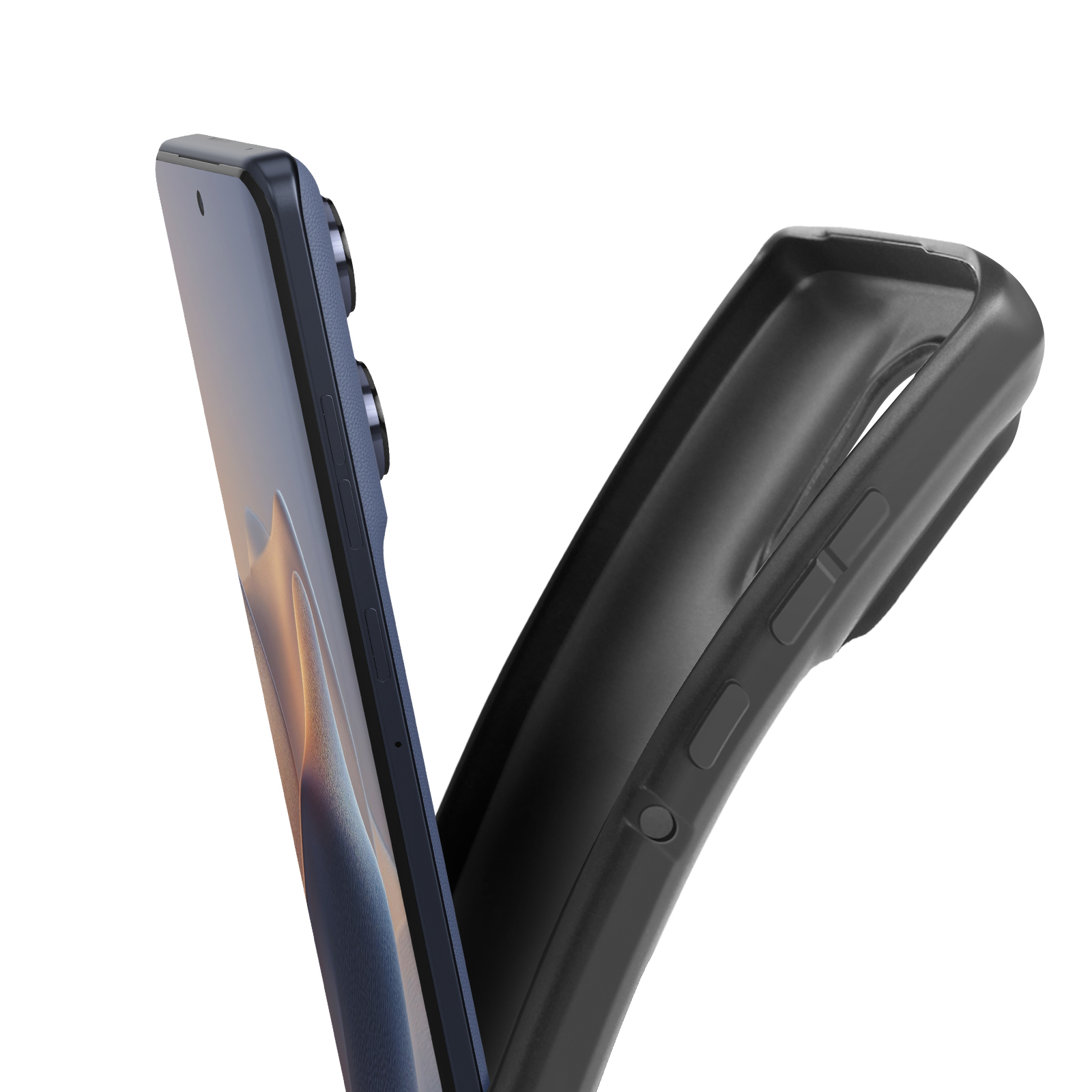 Een zwarte telefoonhoes wordt over een blauwe smartphone geschoven.