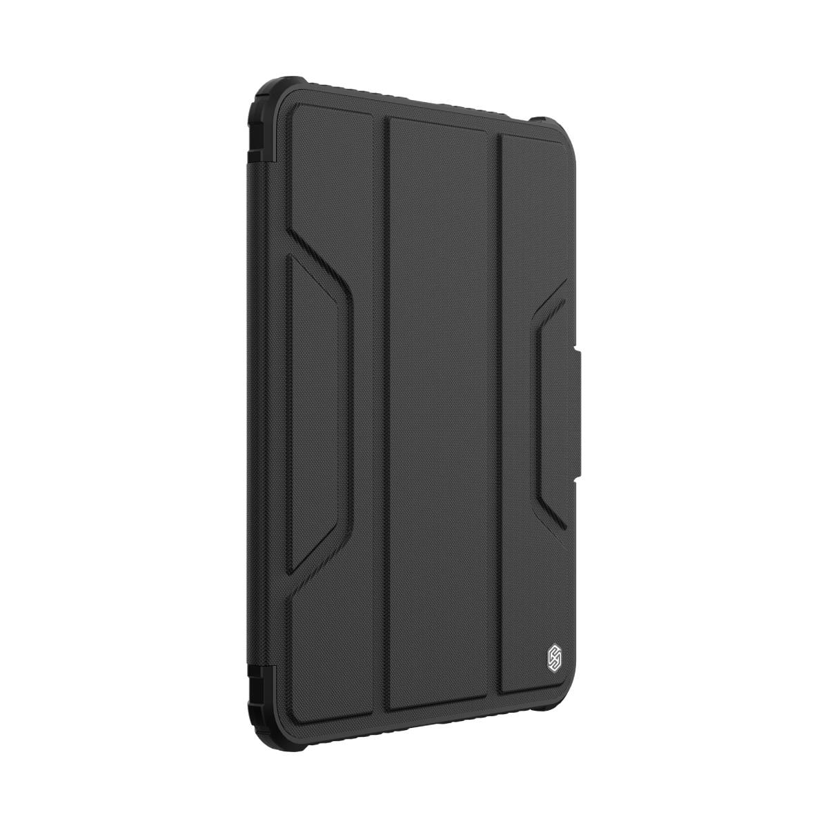 Custodia nera per tablet con copertina pieghevole e motivo testurizzato.