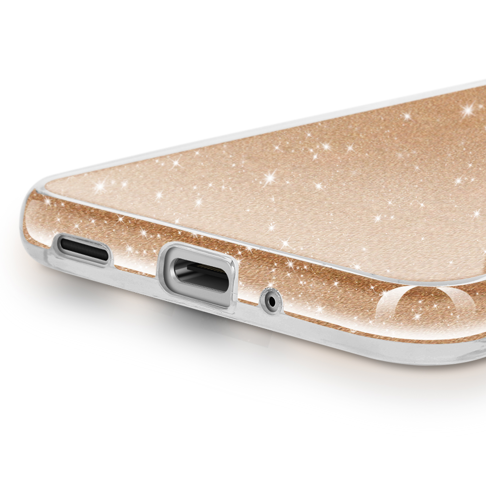 Primo piano di una cover trasparente per cellulare con glitter oro rosa.