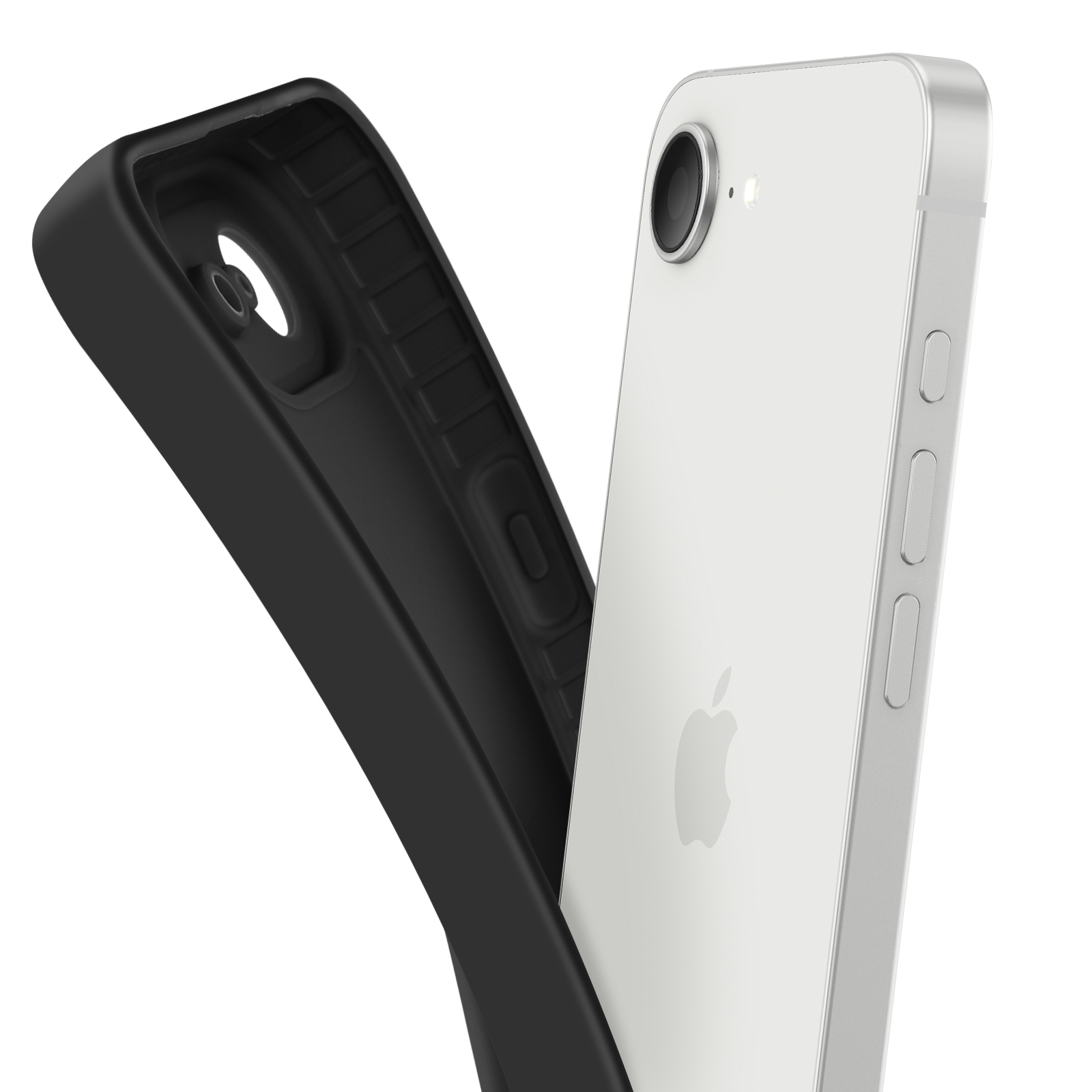 Une coque de téléphone noire est présentée à côté d'un smartphone blanc.