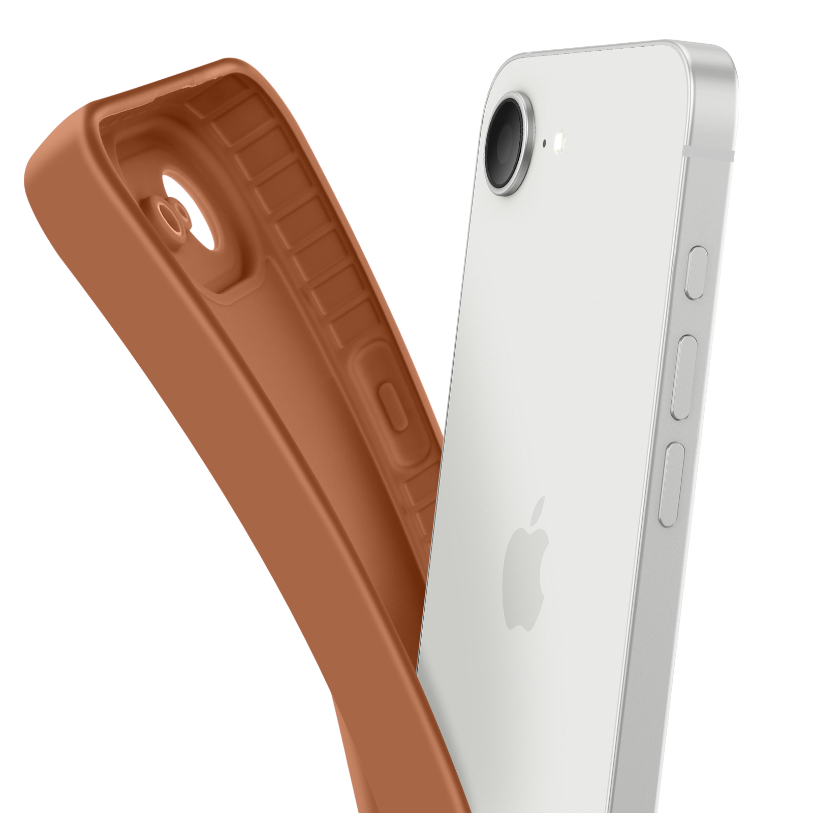 Een witte iPhone met cameralens naast een bruin telefoonhoesje.