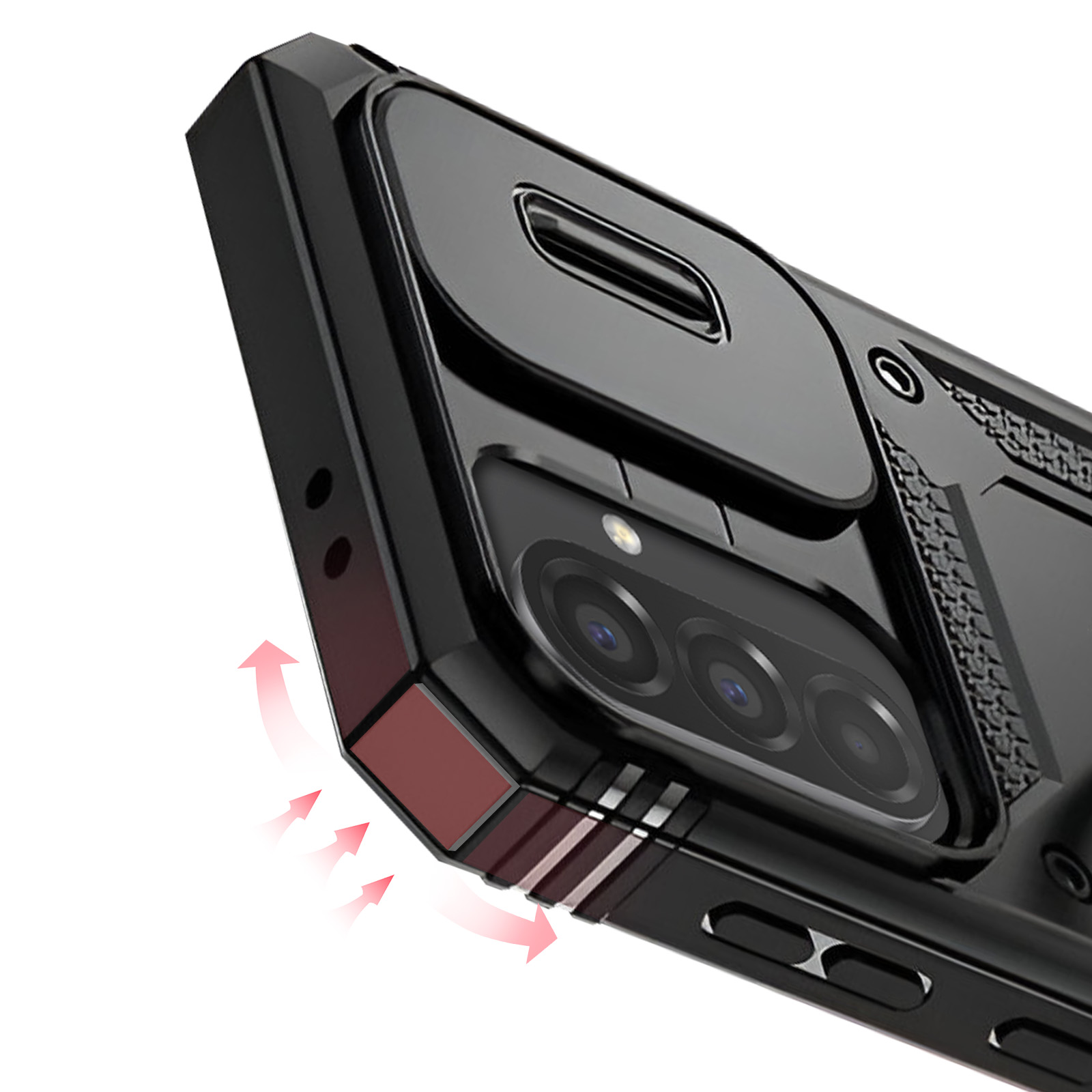 Zwarte telefoonhoes met cameralenzen en rode pijlen.