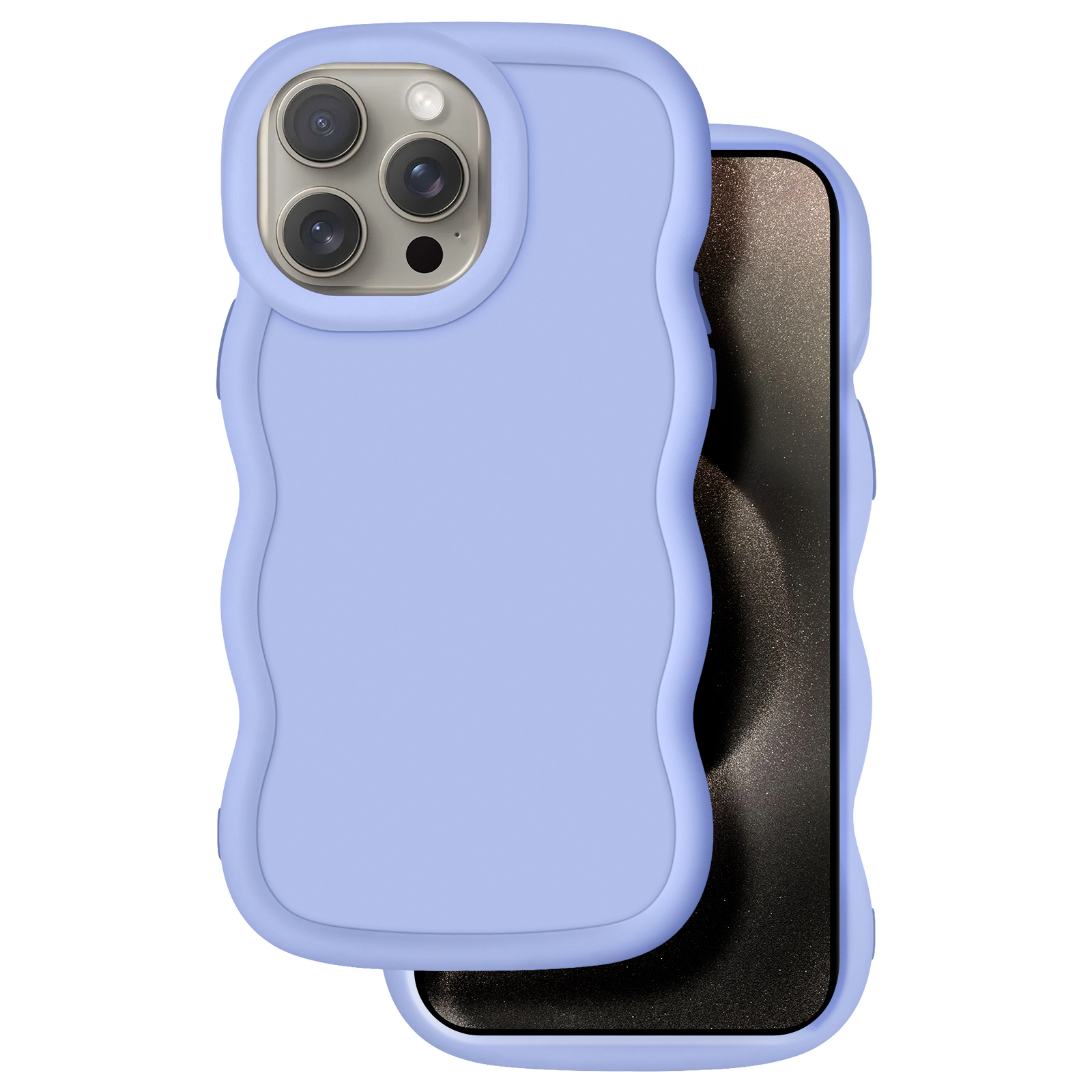Ein lilafarbenes Handy-Case mit welligem Design, das ein Smartphone umgibt.