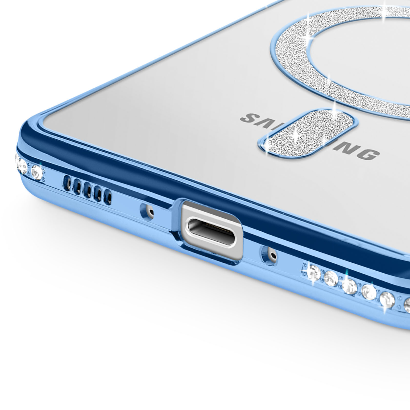 Coque de téléphone bleue avec accents scintillants et port de charge.