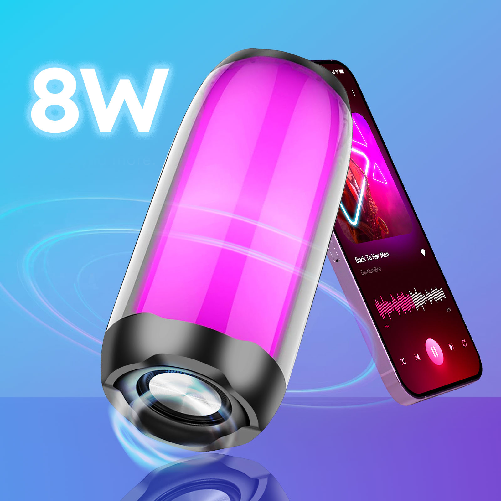 Enceinte 8W avec lumière rose à côté d'un smartphone affichant un lecteur de musique.