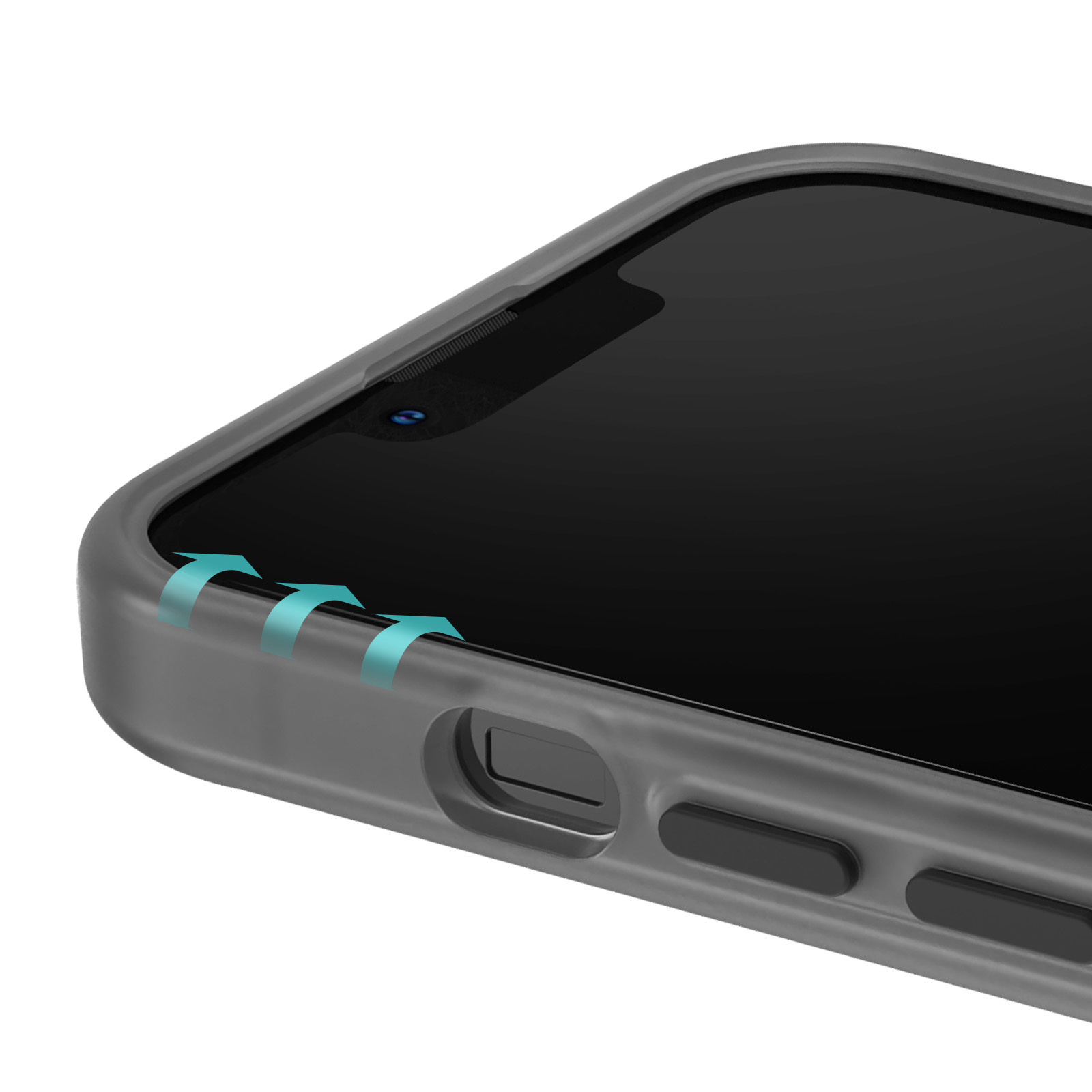 Grijze telefoonhoes met blauwe pijlen die ventilatie aangeven.
