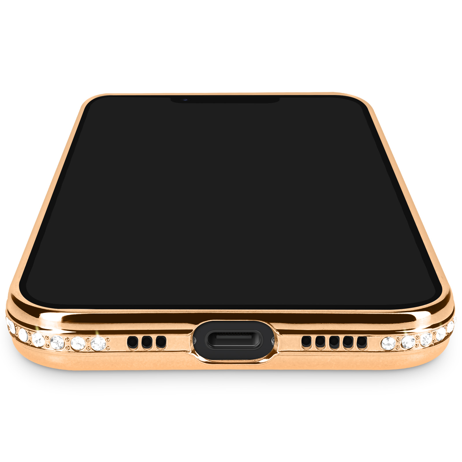 Gouden smartphone met zwart scherm, versierd met kristallen.