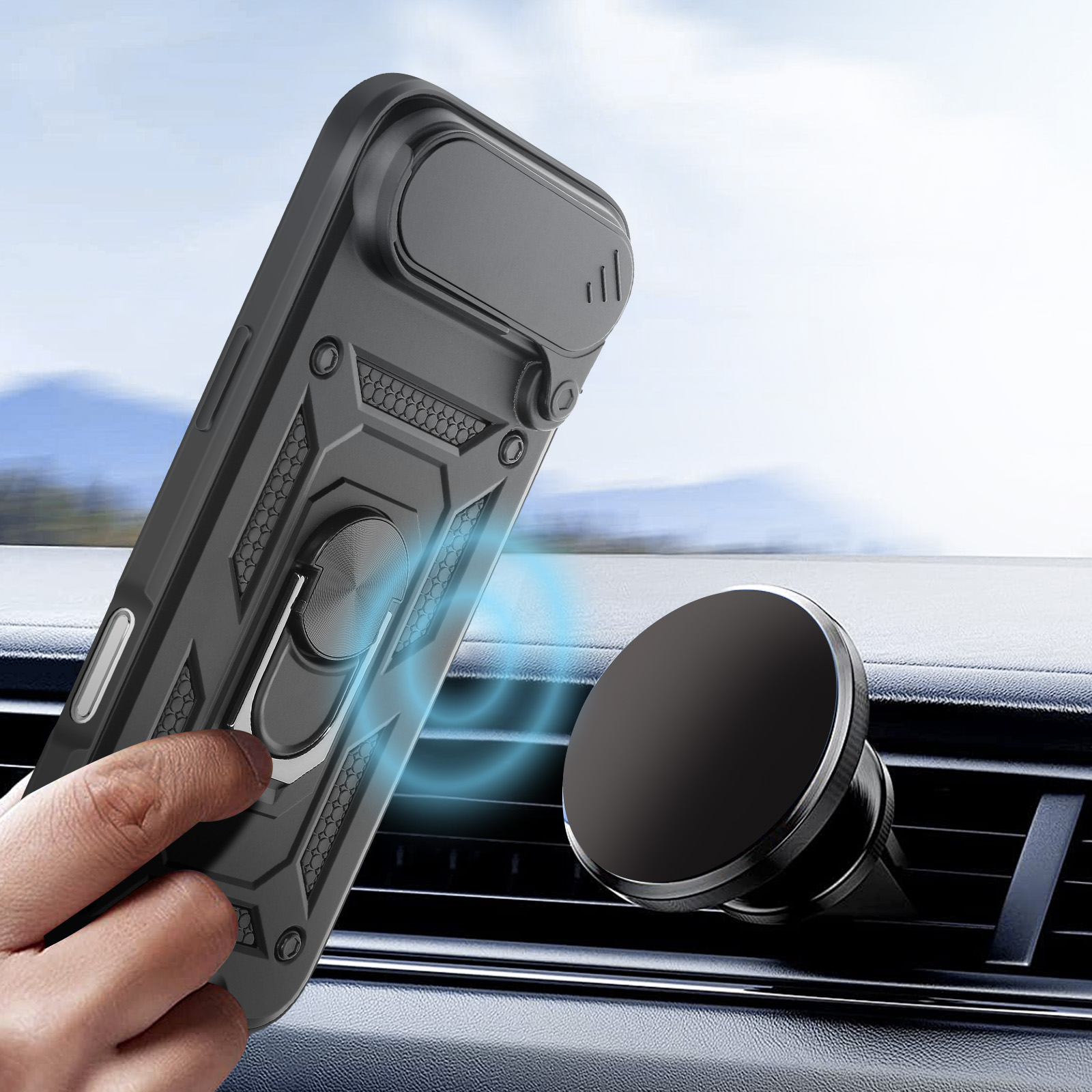 Mano tiene telefono nero con anello, magnete nella griglia di ventilazione auto.