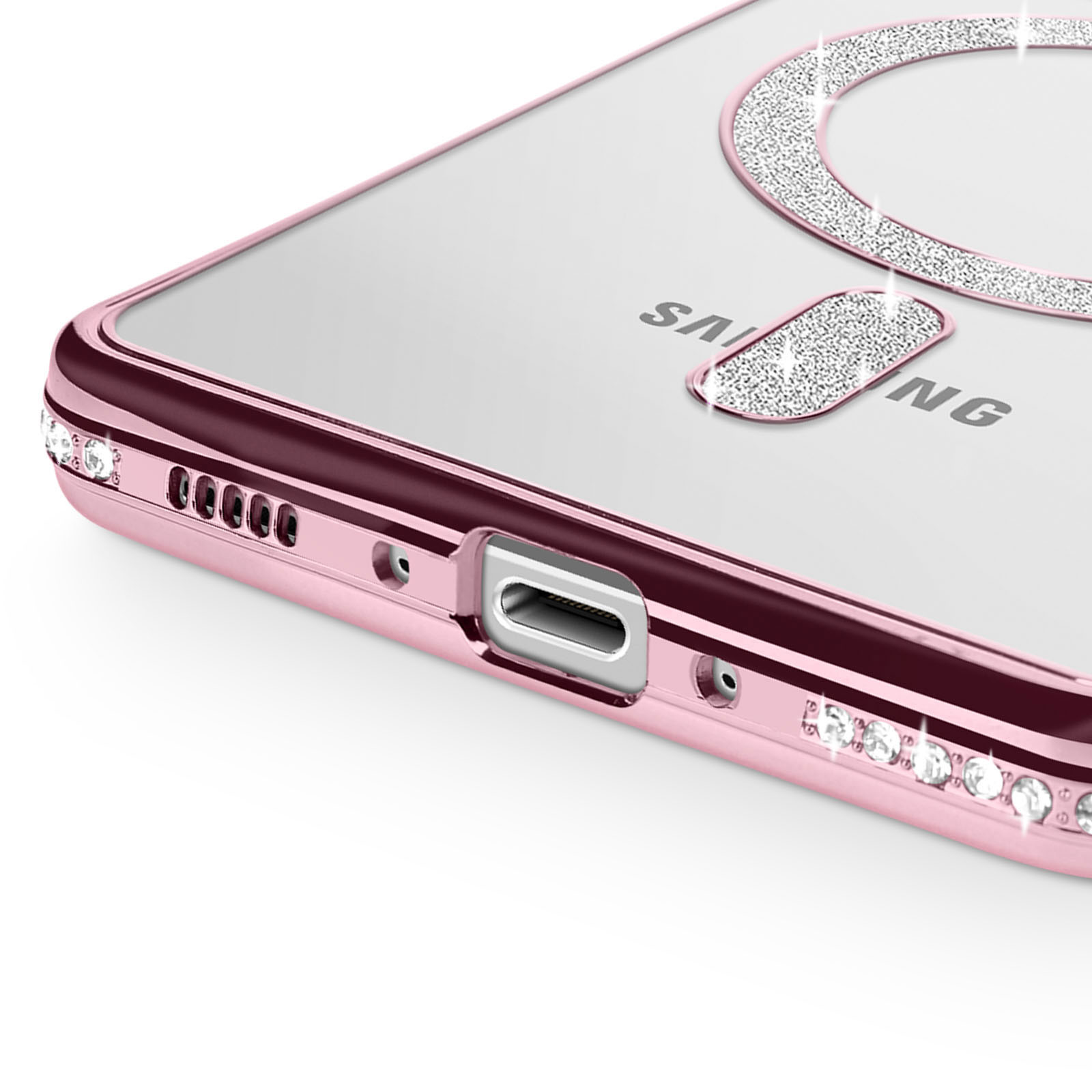 Roze telefoonhoesje met glitter en oplaadpoort.