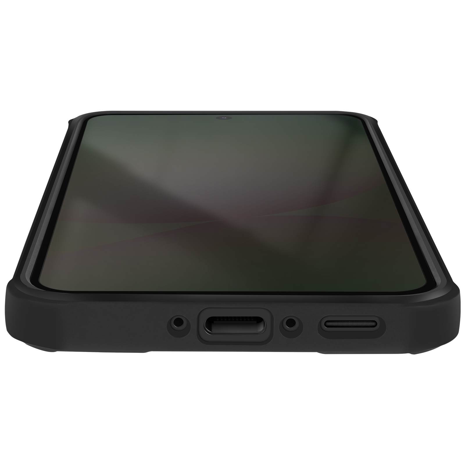 Ein schwarzes Smartphone mit einem dunklen Bildschirm und Ladeanschlüssen unten.