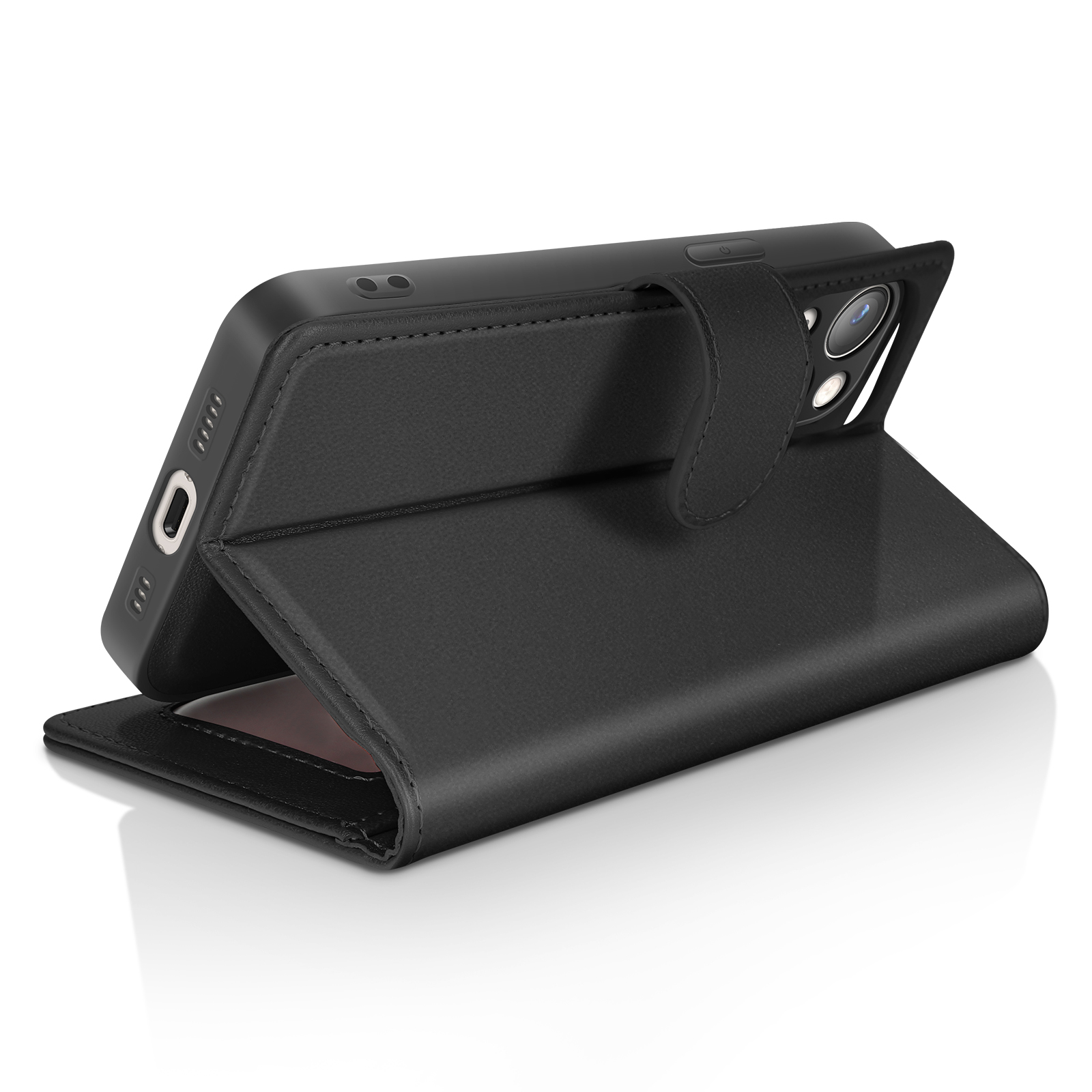 Custodia a libro in pelle nera per smartphone, su superficie bianca.