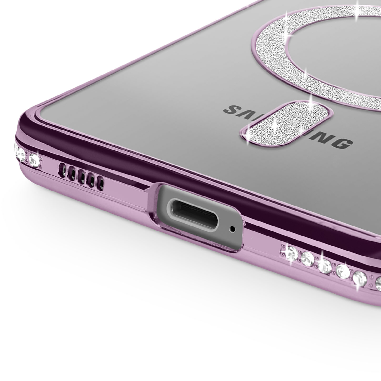 Cover viola per telefono con strass e logo Samsung.