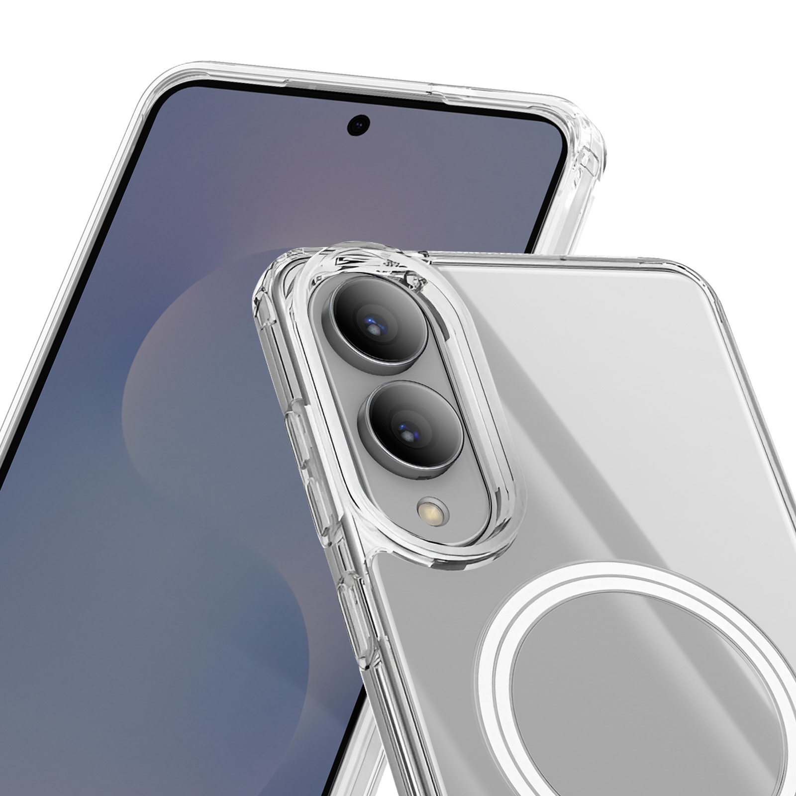 Custodia trasparente per telefono con due fotocamere e flash su sfondo bianco.