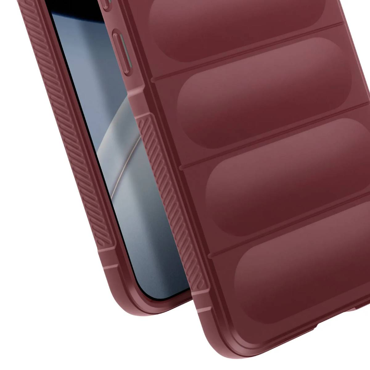 Una custodia per telefono color bordeaux con creste orizzontali e lati testurizzati.