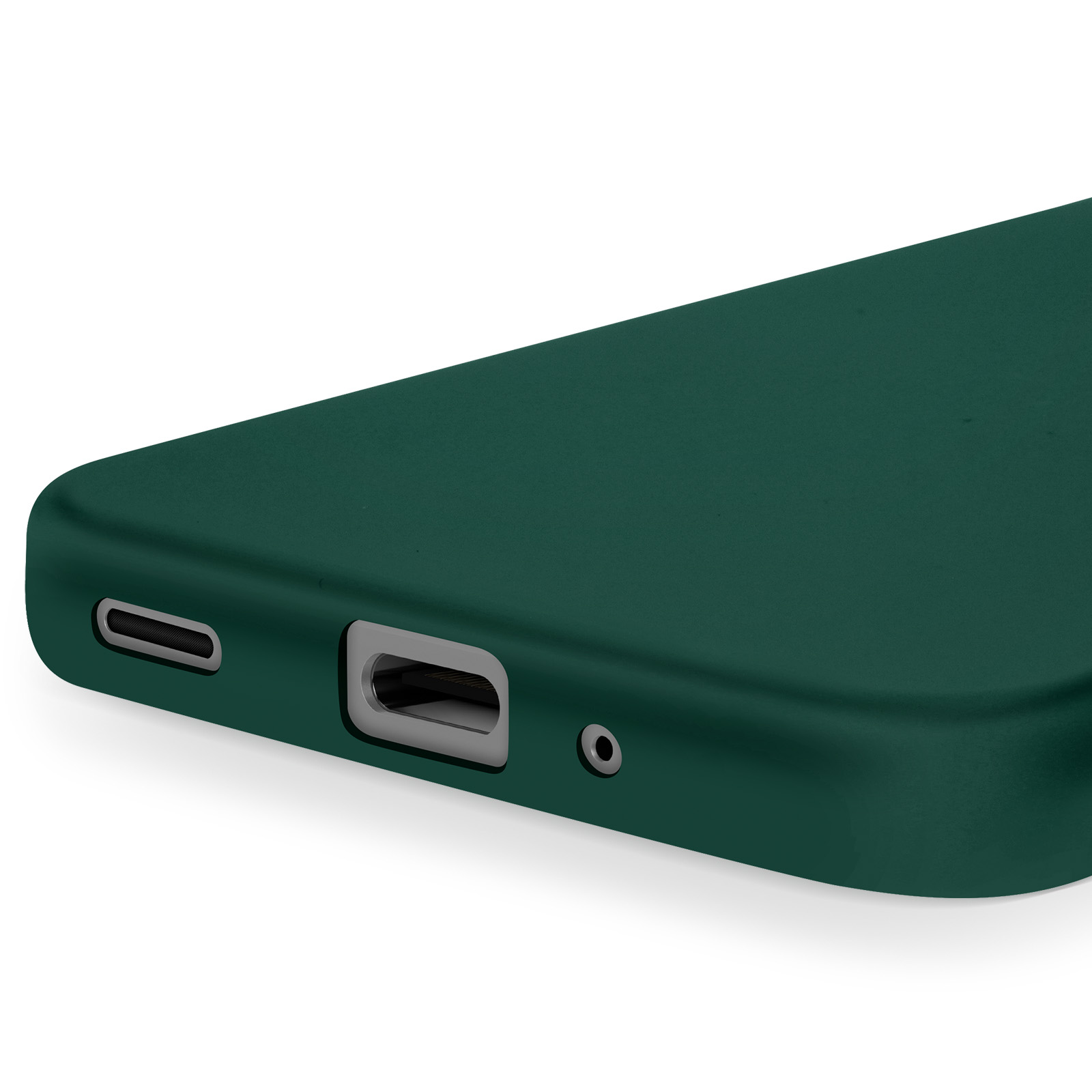 Custodia verde scuro con porta di ricarica e griglia altoparlante.