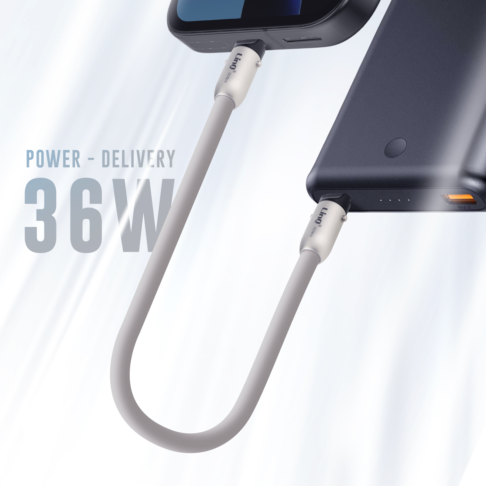 Graues Ladekabel verbindet ein Smartphone mit einer Powerbank.