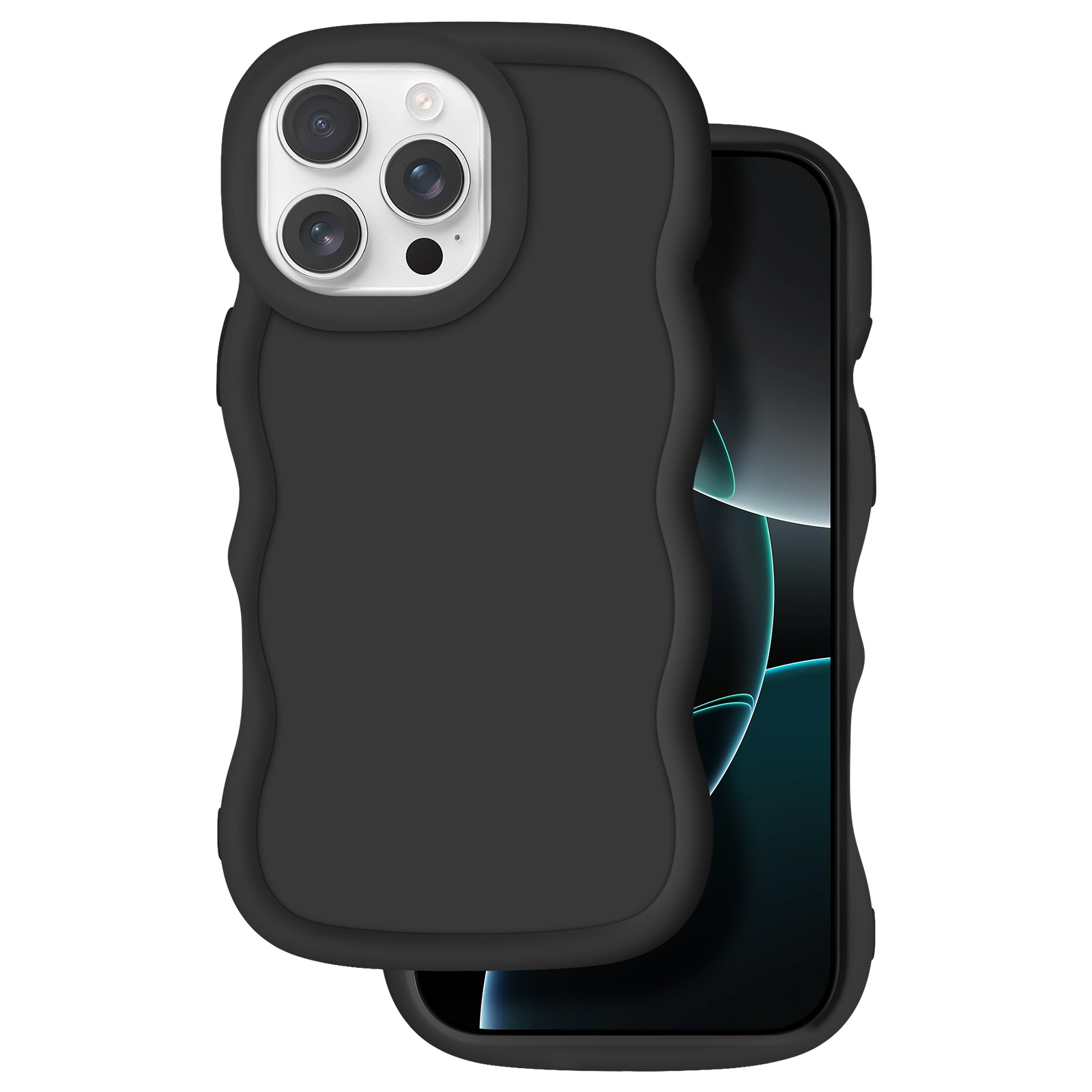 Custodia nera per telefono con motivo a onde su uno smartphone con tre fotocamere.