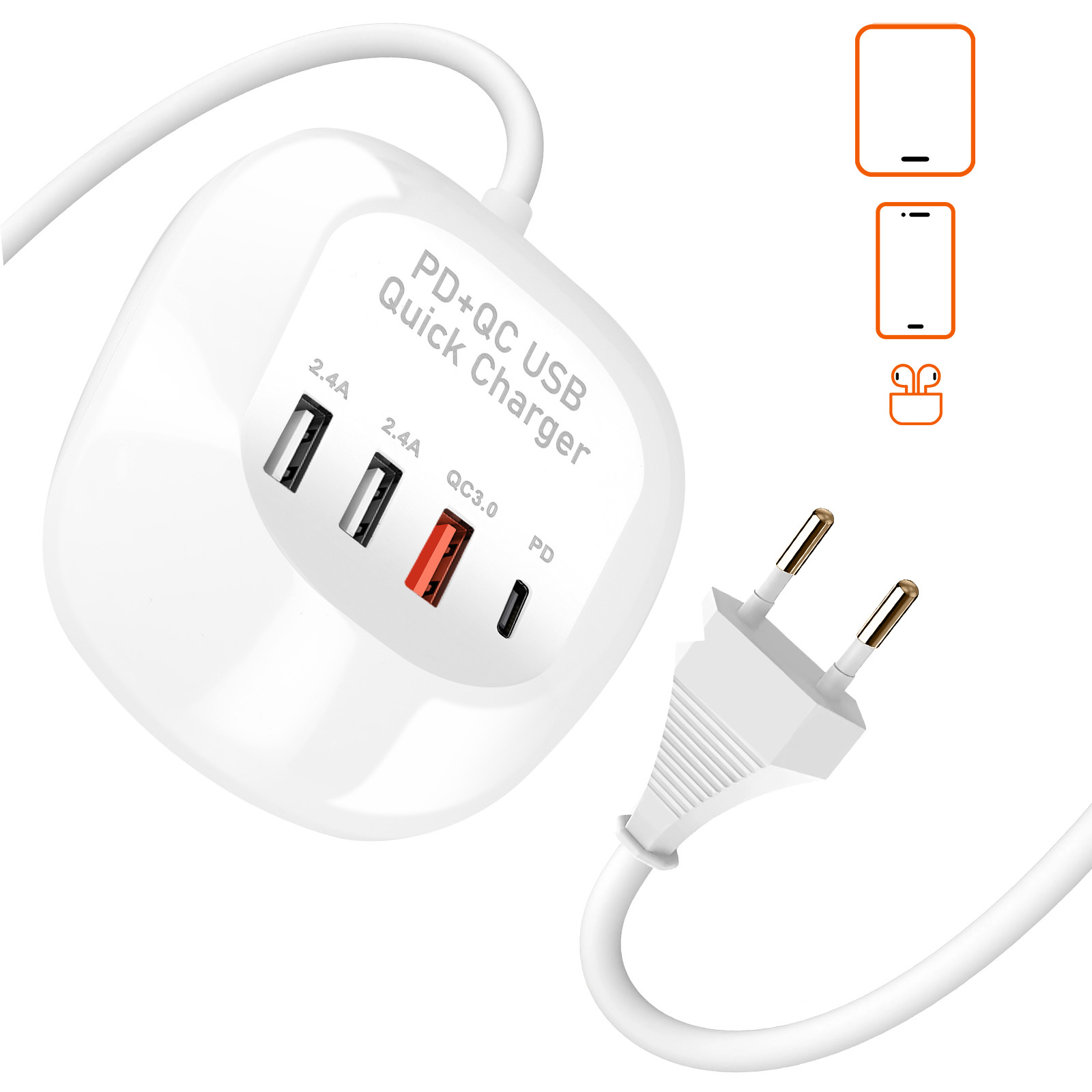 Ein weißes PD+QC USB-Schnellladegerät mit drei USB-Anschlüssen und einem Stecker.