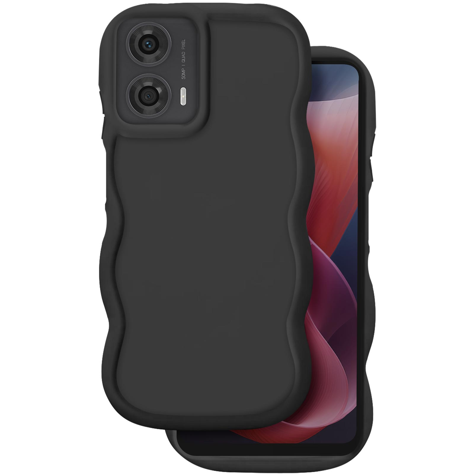 Cover nera per telefono ondulata con due fotocamere.