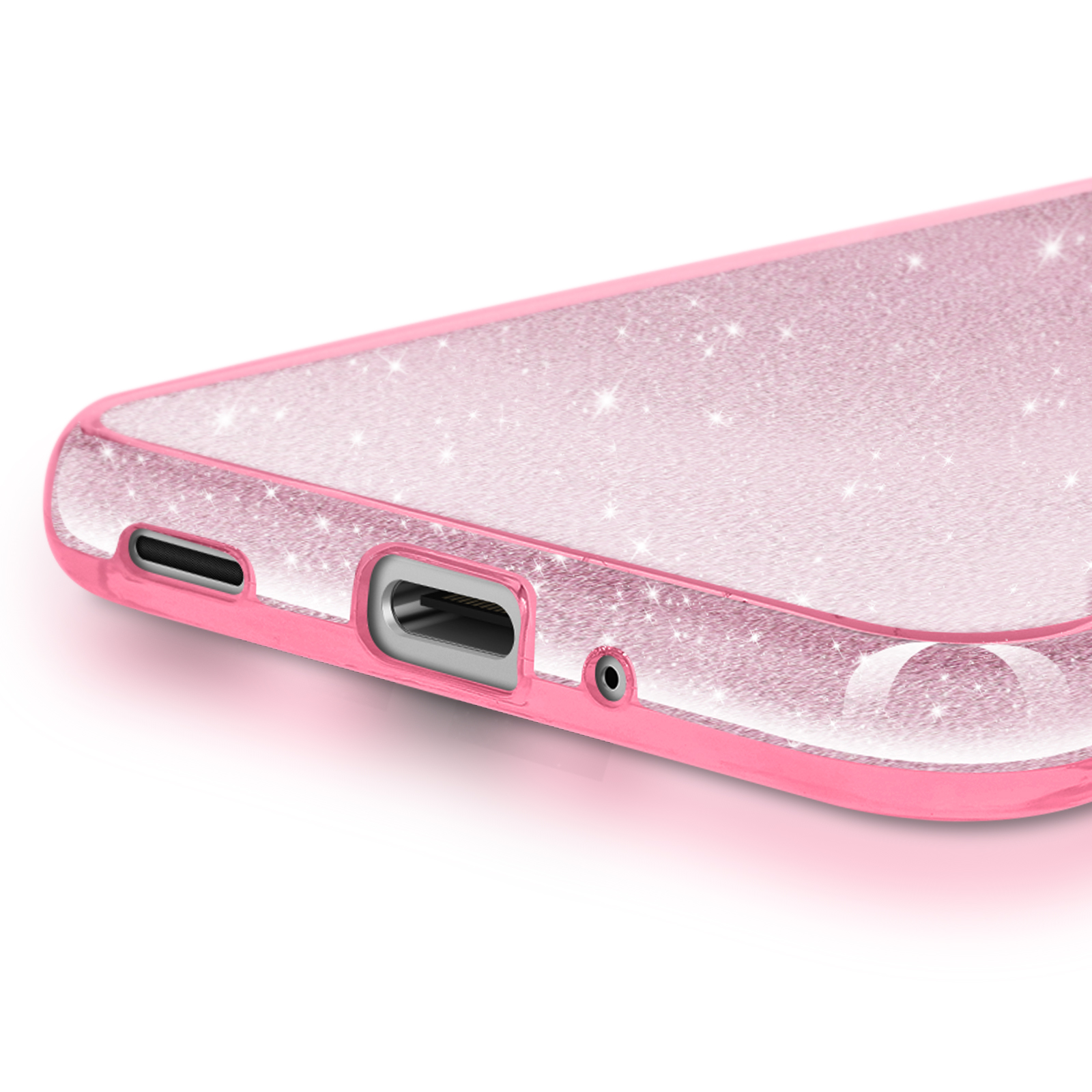 Primo piano di una cover rosa glitterata per telefono con porte.