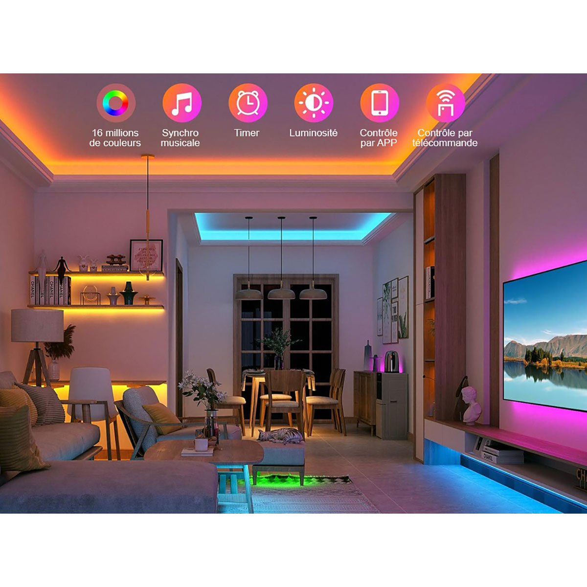 Un soggiorno con strisce LED colorate su soffitto e mobili.