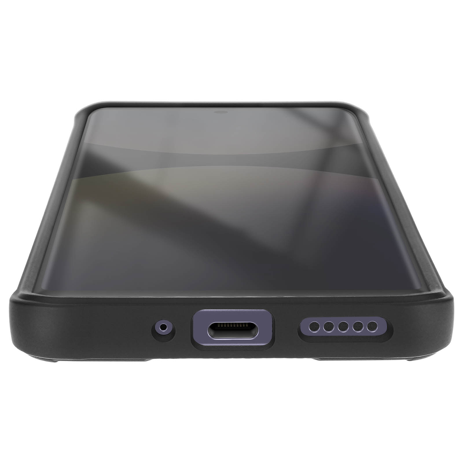 Uno smartphone nero con porta di ricarica e griglie altoparlanti.
