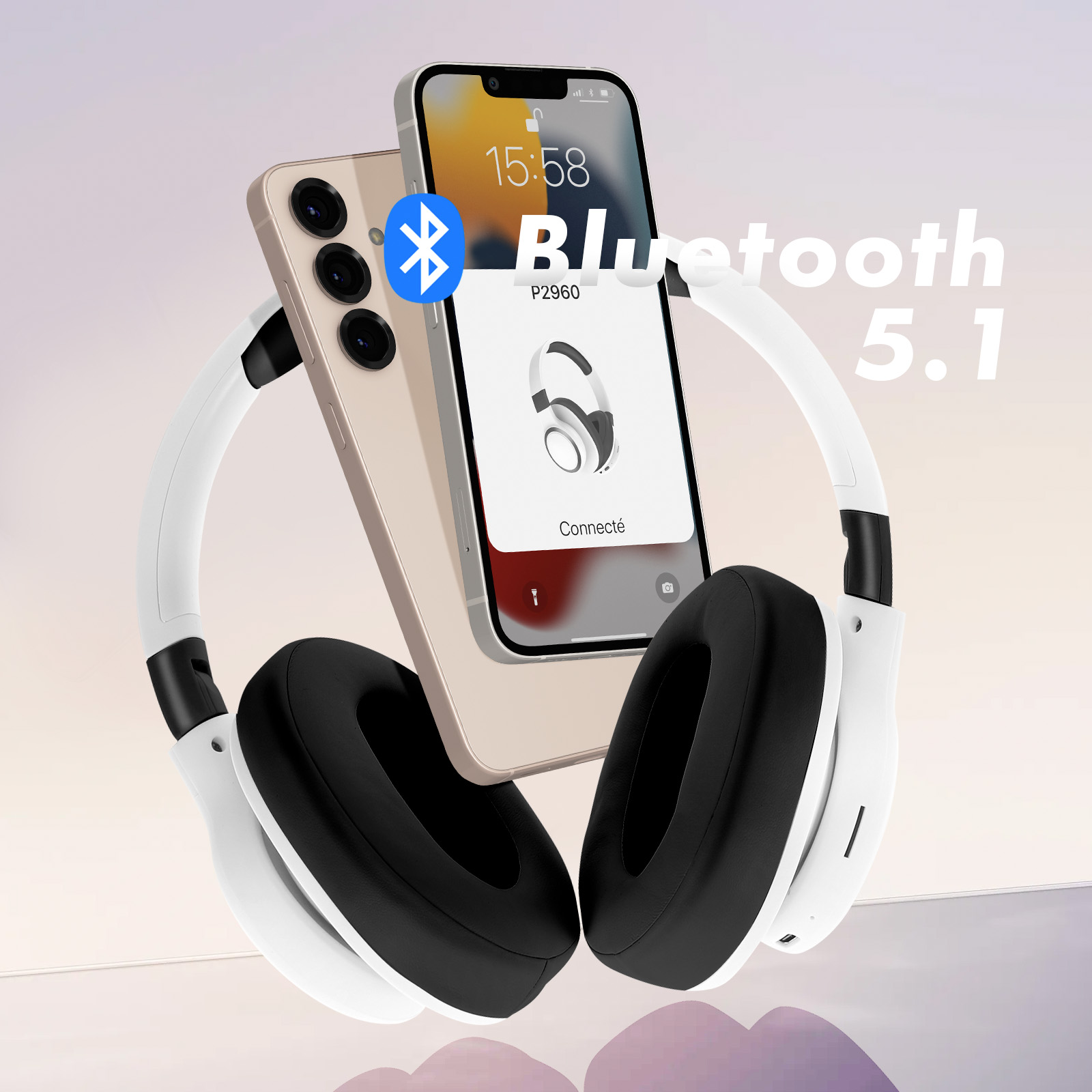 Weiße Kopfhörer und ein Handy mit Bluetooth-Symbol und Text.
