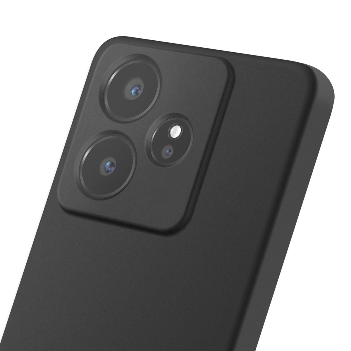 Achterkant van een zwarte smartphone met een drievoudige camera-opstelling.