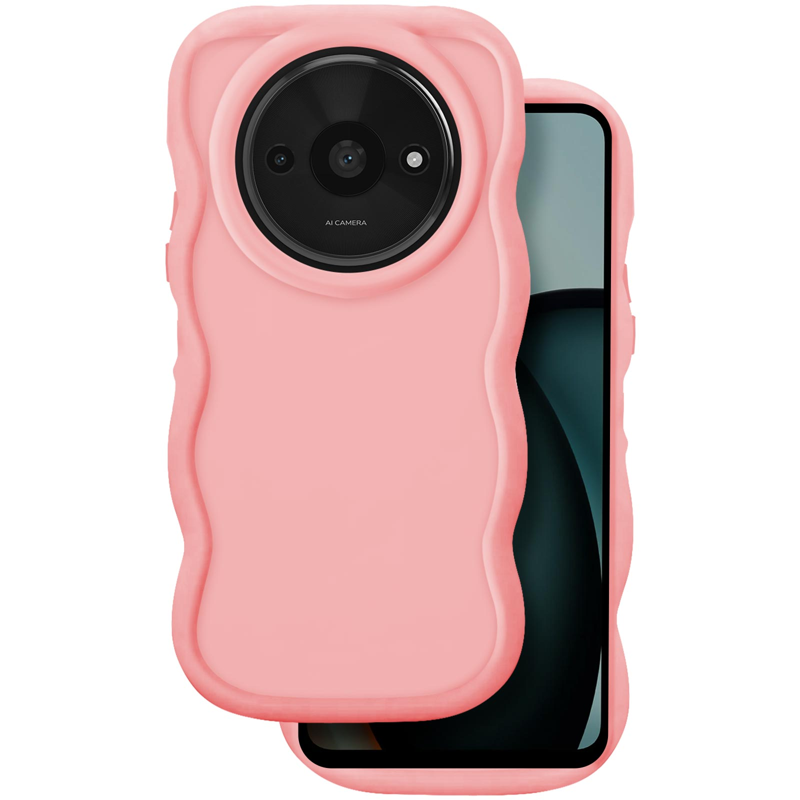Una cover rosa per telefono dai bordi ondulati con modulo fotocamera nero.