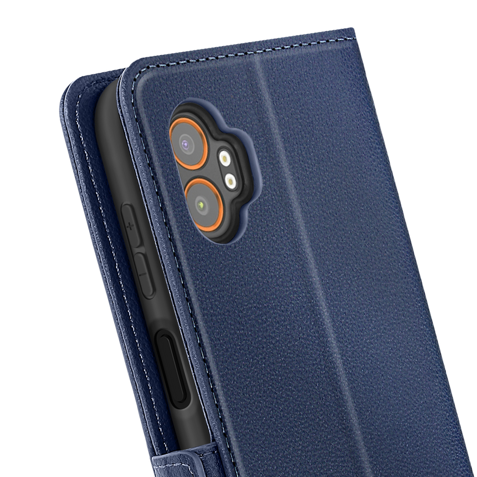 Étui de téléphone bleu foncé montrant le module caméra et les boutons.